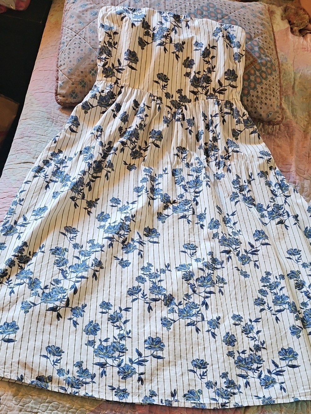 Strapless White Dress with Blue Floral Print
